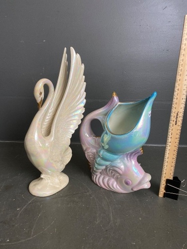 Pearl ceramic art deco fish vase and swan figurine