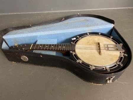 Early 20th century 8 string mandolin banjo with case and drum tensioning key