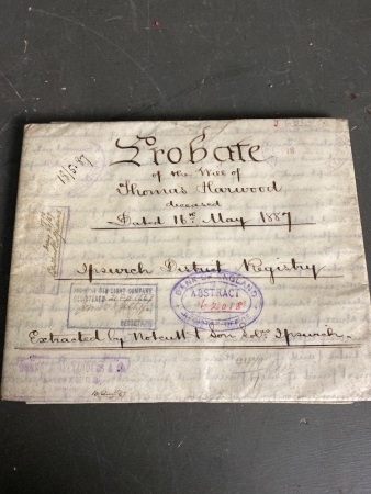 Beautifully Preserved Hand Written Probate Document on Waxed Paper from the Ipswich District Registry - Thomas Harwood (1887)