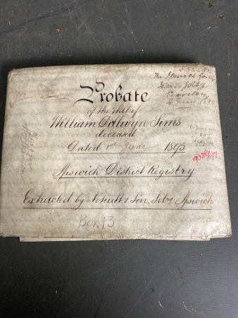 Beautifully Preserved Hand Written Probate Document on Waxed Paper from the Ipswich District Registry - William Sims (1895)