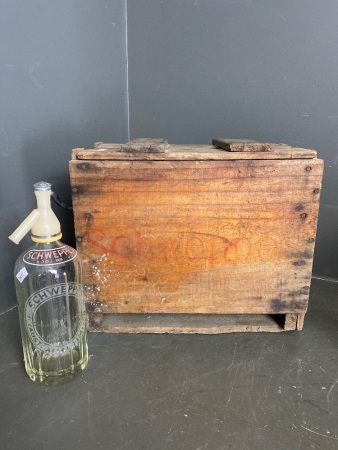 Vintage wooden Schweppes crate with Schweppes soda maker