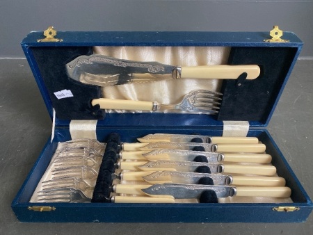 Boxed Silver Plate Fish Cutlery and Serving Set with Celluloid Handles