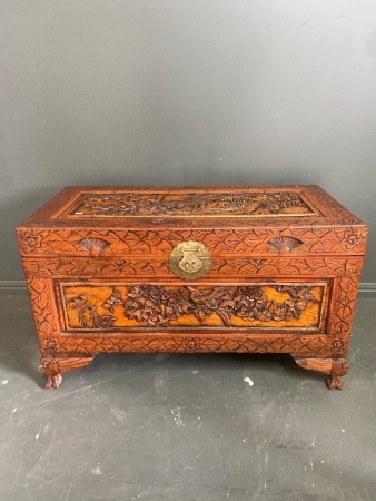 Carved Camphor Chest with Brass Catch