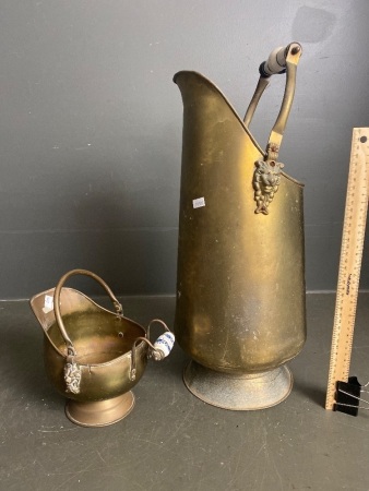 Vintage Brass Coal Scuttle and Bucket with Lions Head Motif and Porcelain Handles 