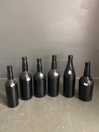 6 Antique Black Glass Beer Bottles (1850 - 1890)