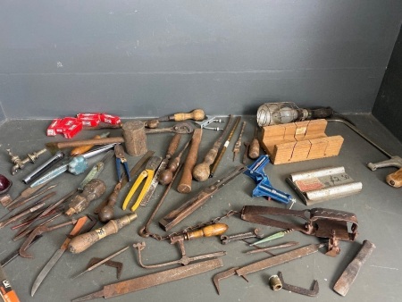 Box Lot of Vintage Tools, Rabbit Trap, Accessories etc.