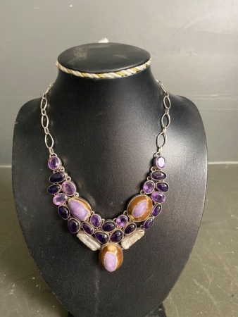 Unique cluster gem and silver necklace