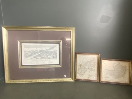 Southwark and London Bridge c1545 Framed Print of Etching by N Whittock + 2 Small Framed Maps (Somerset and Glocester Shires)