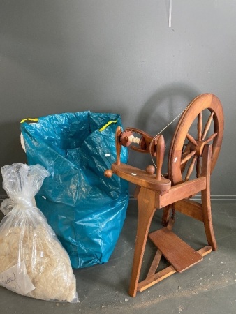 Vintage Timber Spinning Wheel and Wool