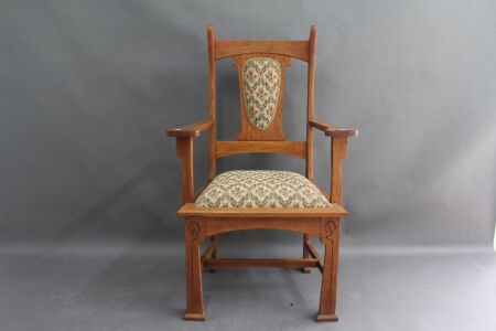 Antique Arts & Crafts Oak Library Chair C1910 with Upholstered Seat & Back