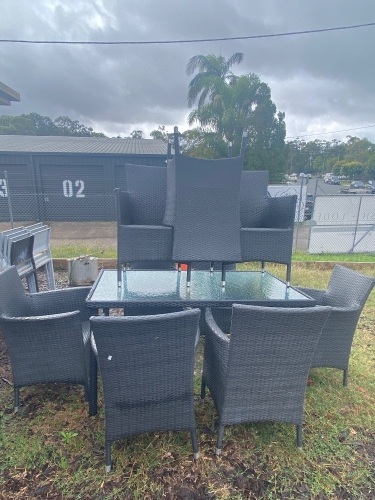 Synthetic Wicker Outdoor Table Setting - Glass top table and 9 chairs