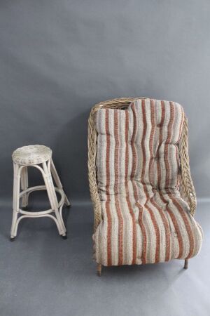 Large Vintage Cane Armchair & Cane Side Table/Stool