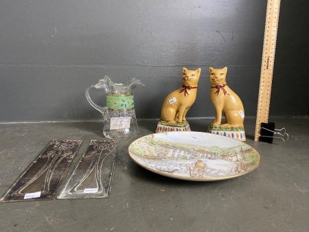 Pair of Staffordshire cats (crack in base), hand painted plate, Art Deco door plates and hand painted glass jar