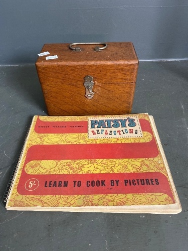 Patsy's Reflections Learn to cook by pictures cookbook circa 1930 and small wooden box