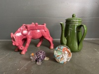 Pink donkey vase, qwerky green tea/coffee pot and 2 paper weights