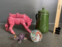 Pink donkey vase, qwerky green tea/coffee pot and 2 paper weights - 2