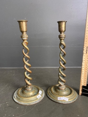 Pair brass spiral candle sticks approx 330H