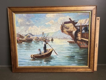 Couple in Asian Fishing Boat - Oil on Board - Signed S.Y Cheng
