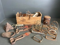 Wooden box with riding stirrups, hand shears and mixed metal items. - 2