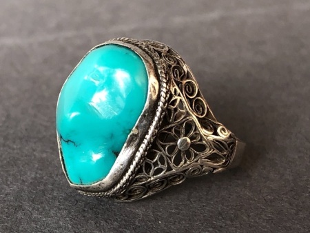 Antique Chinese Silver Filligree Ring with Turquoise c1920