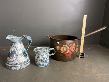 Large hand painted saucepan, hand-painted jug, and hand painted small pot with flip lid.