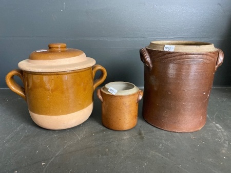 French earthenware jug with lid and 2 pottery jugs without lids