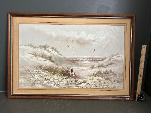 Oil on Board of Girl Watching Seagulls - Signed Granger