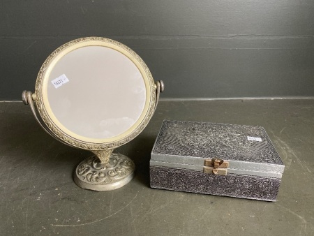 Silver plated vanity mirror and jewellery box