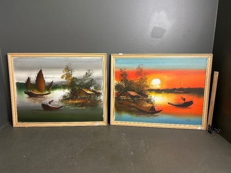 Asian Fishing Scenes - 2 x Oil on Canvas - signed bottom right