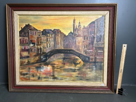 Oil on Canvas of Boat Under The Bridge - signed Page