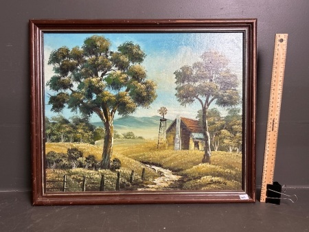 Framed Oil On Board of Farm Cottage and Windmill - signed Sarteat