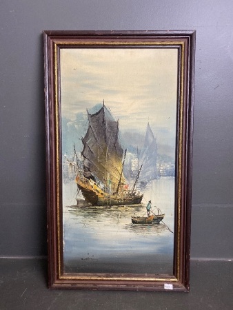 Oil on board Junk Boat