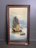 Oil on board Junk Boat