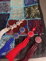 Beaded wall hanging (app 960x710) with 4 Asian style hanging ordiments - 2