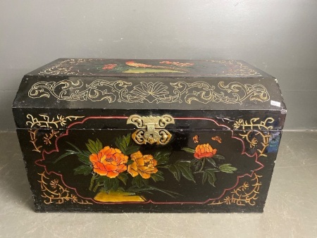 Timber chest with bird and floral design