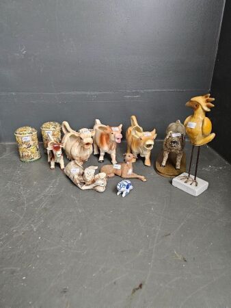 Selection of ceramic animal figurines with animal salt and pepper shakers