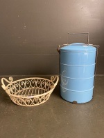 Large metal lunch canister with metal fruit bowl