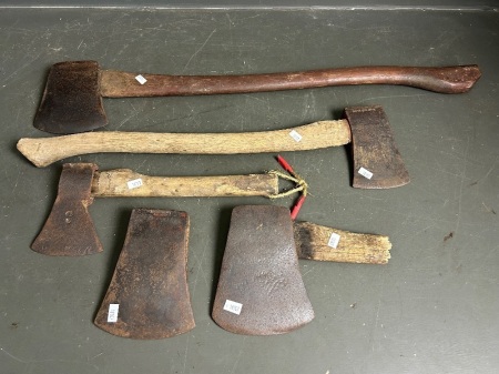 3 Vintage Axes/Heads - Plumb, 230-12 OYO Norway, Red Becon 161, DSI + Hatchet (marked) - all need re-handling