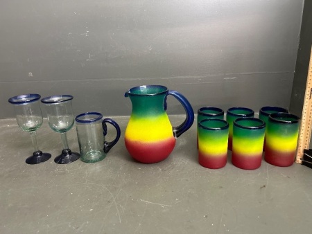 Tropical Rainbow Coloured Mexican Glass Set inc. Jug, 6 Glasses, 2 Wine Glasses and Beer Jug