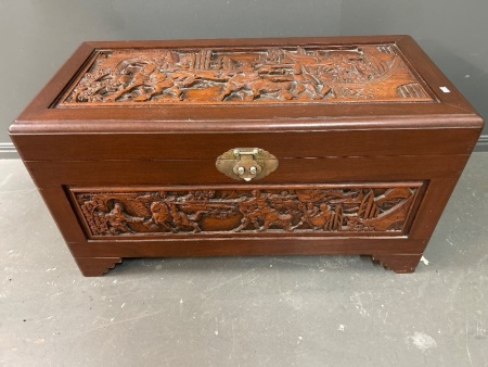 Carved Camphor Chest Depicting Asian Battle Scene