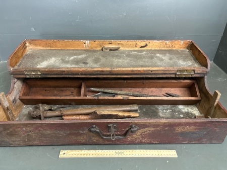 Vintage Timber Tool Box containing various tools