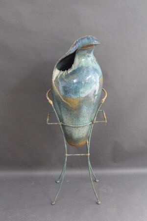 Tall Glazed Art Pottery Seashell Vase in Verdigirs Metal Stand