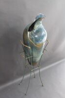 Tall Glazed Art Pottery Seashell Vase in Verdigirs Metal Stand - 2