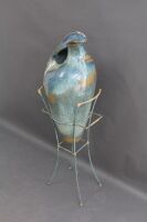 Tall Glazed Art Pottery Seashell Vase in Verdigirs Metal Stand - 3