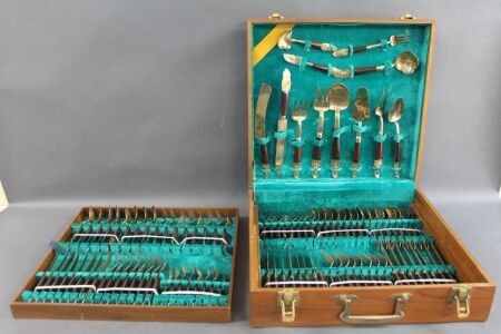 Large Boxed Set of Thai Brass Cutlery with Wooden Handles