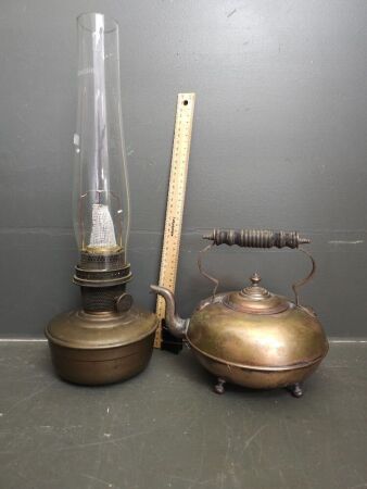 Brass Teapot & Kerosene Lamp