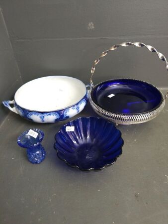 Selection of blue glassware and ceramics