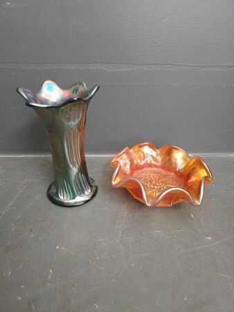 Orange carnival glass bowl and rainbow carnival glass vase