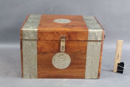 Indian Teak Glory Box with Iron Handles & Pressed Metal Butterfly Decorations
