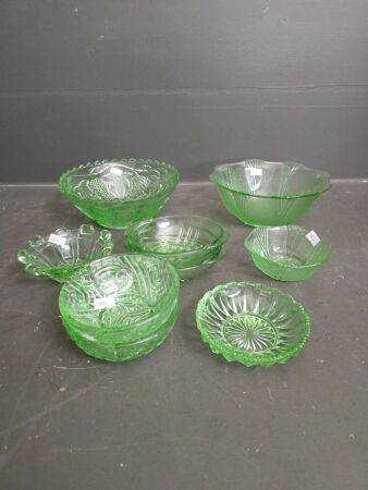 Large lot of green glass bowls